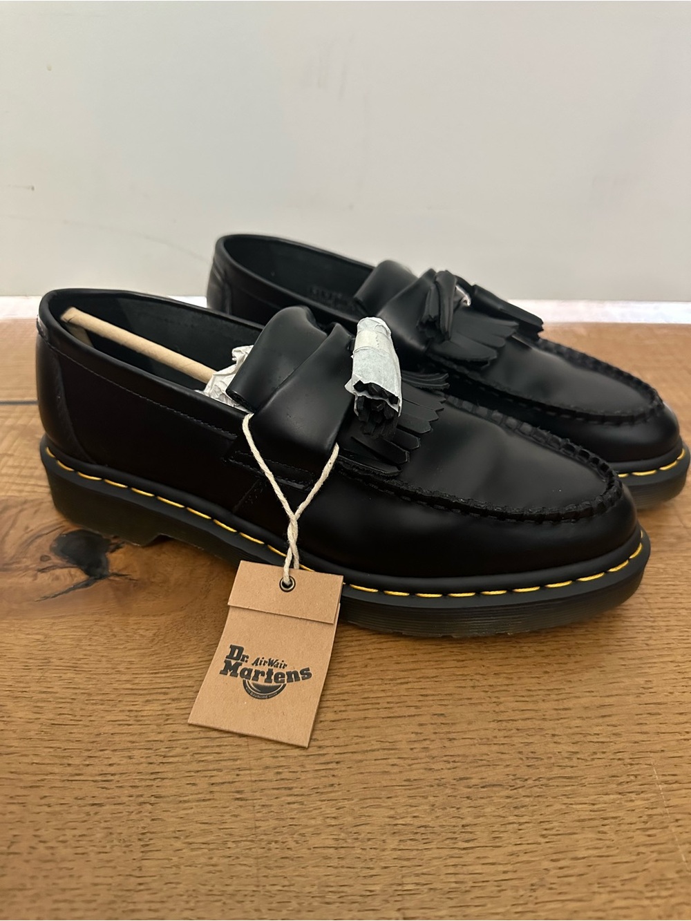 Dr. Martens Black Leather Tassel Loafers with Yellow Stitching